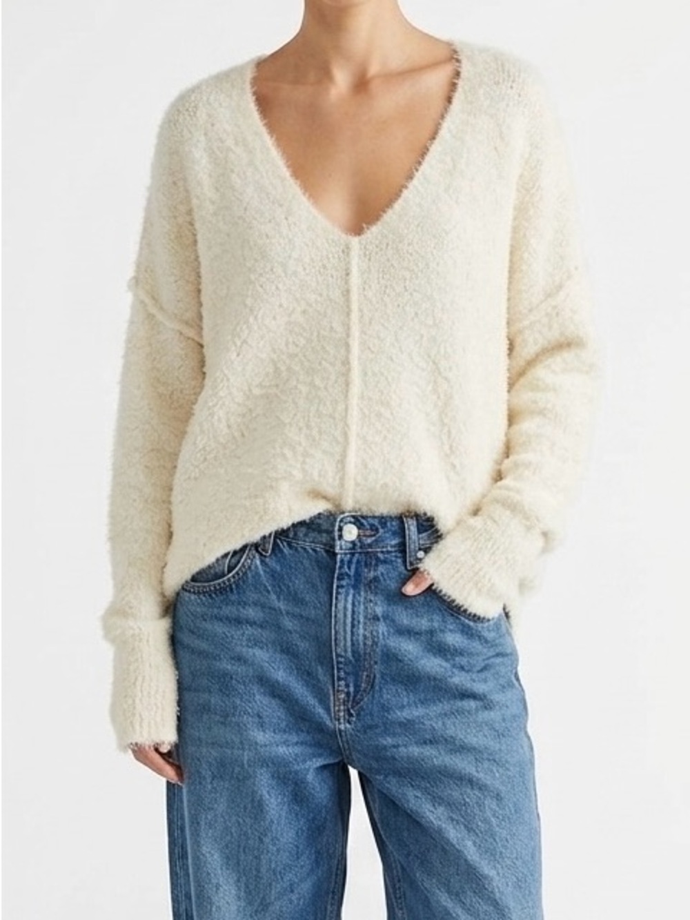 NWT Free People Icing V-Neck Fuzzy Pullover Sweater Cream Ivory XS Boho Chic